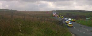 The emergency services vehicles with helimed on the left of the photo